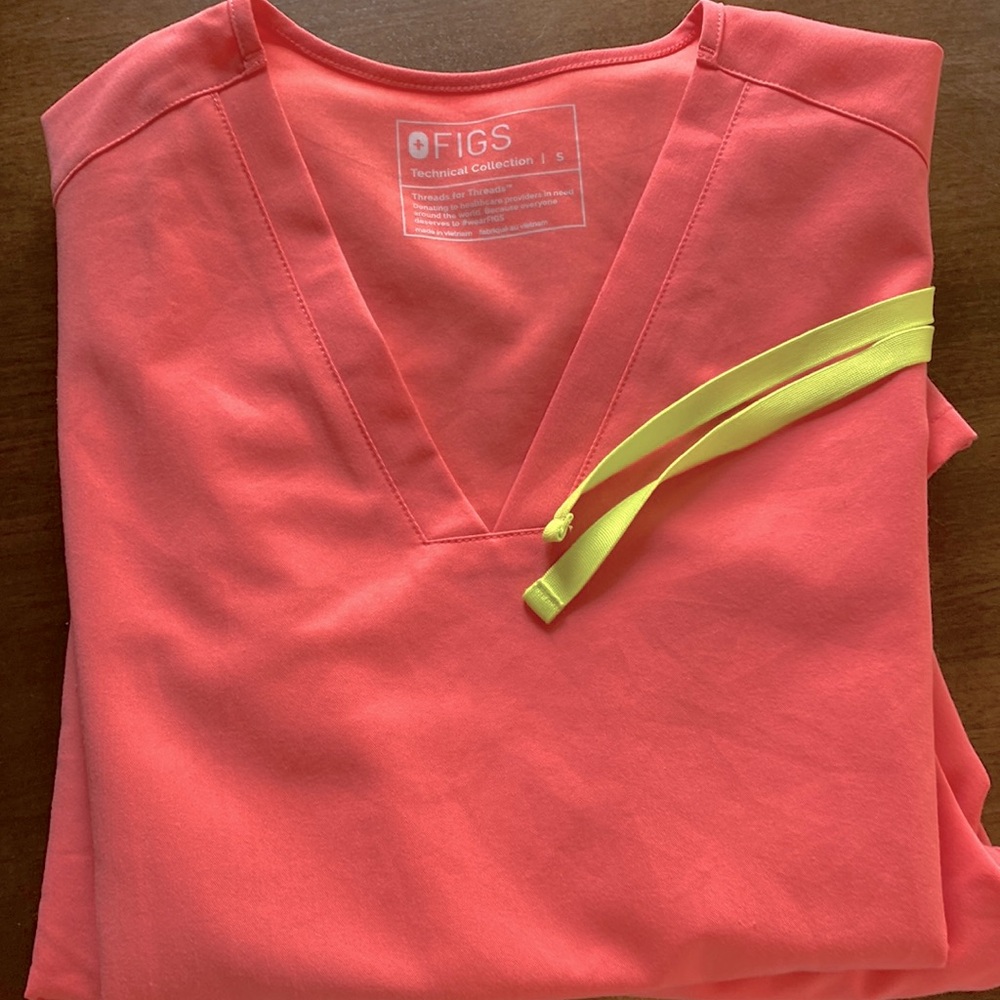 FIGS hot coral Scrub Top with Neon Yellow Drawstrings